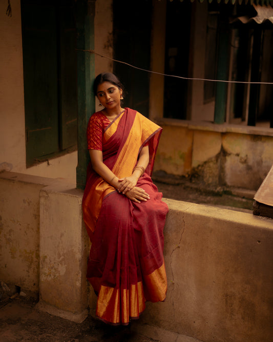 Antique Gold & Deep Wine Linen-by-Linen Handloom Saree with Pure Zari Border
