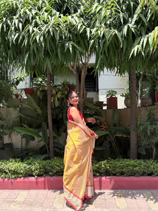 Golden Tissue Cotton Saree with Red Border | Elegant Festive & Occasion Wear