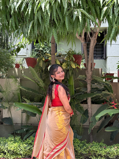 Golden Tissue Cotton Saree with Red Border | Elegant Festive & Occasion Wear