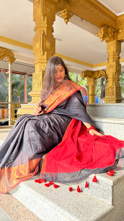 Raktrekha – 120 Count Mul Cotton Saree with Zari Border & Red Lining