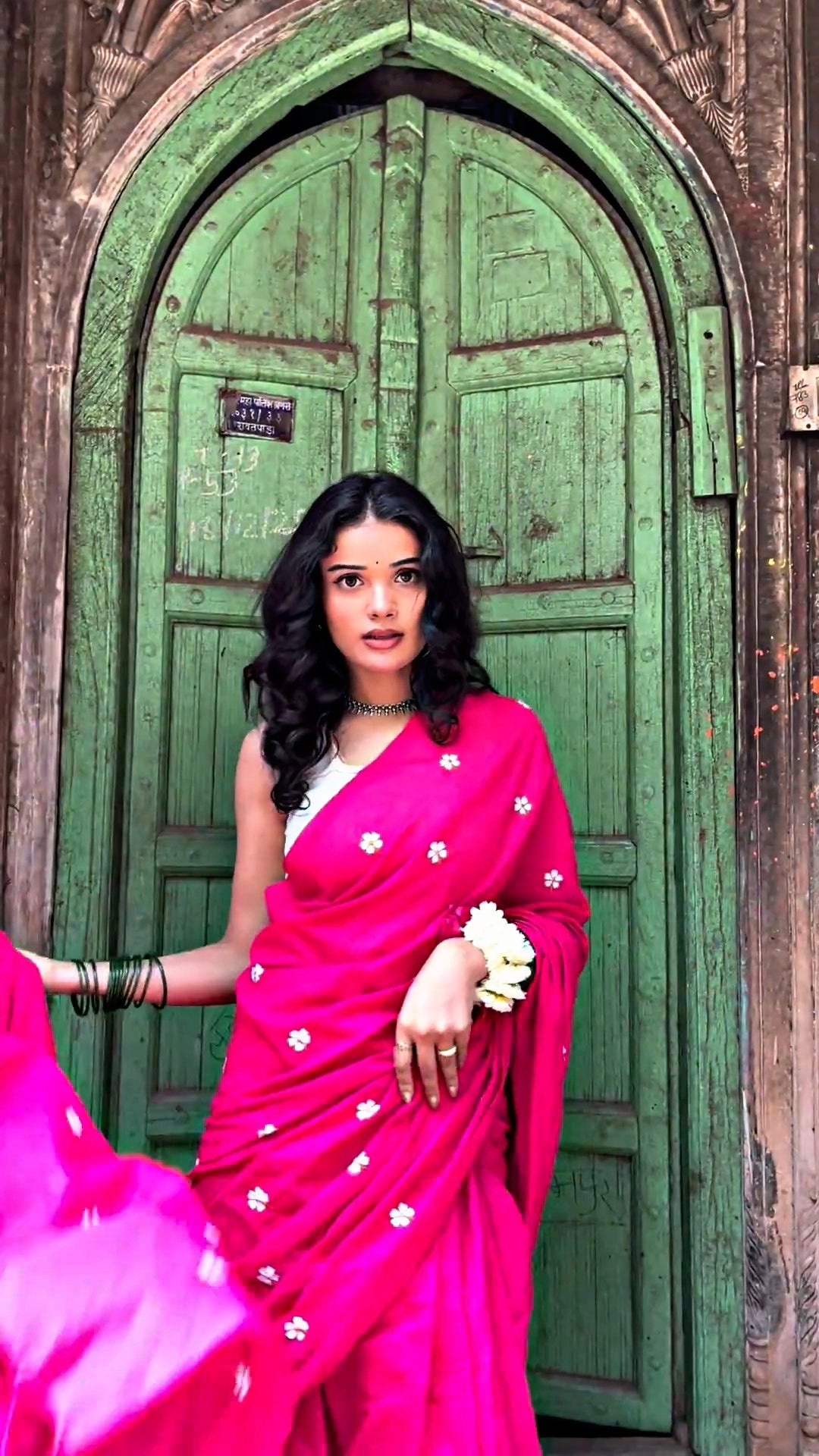 Rani Pink Mulmul Cotton Saree with Parijat Handwork Flowers