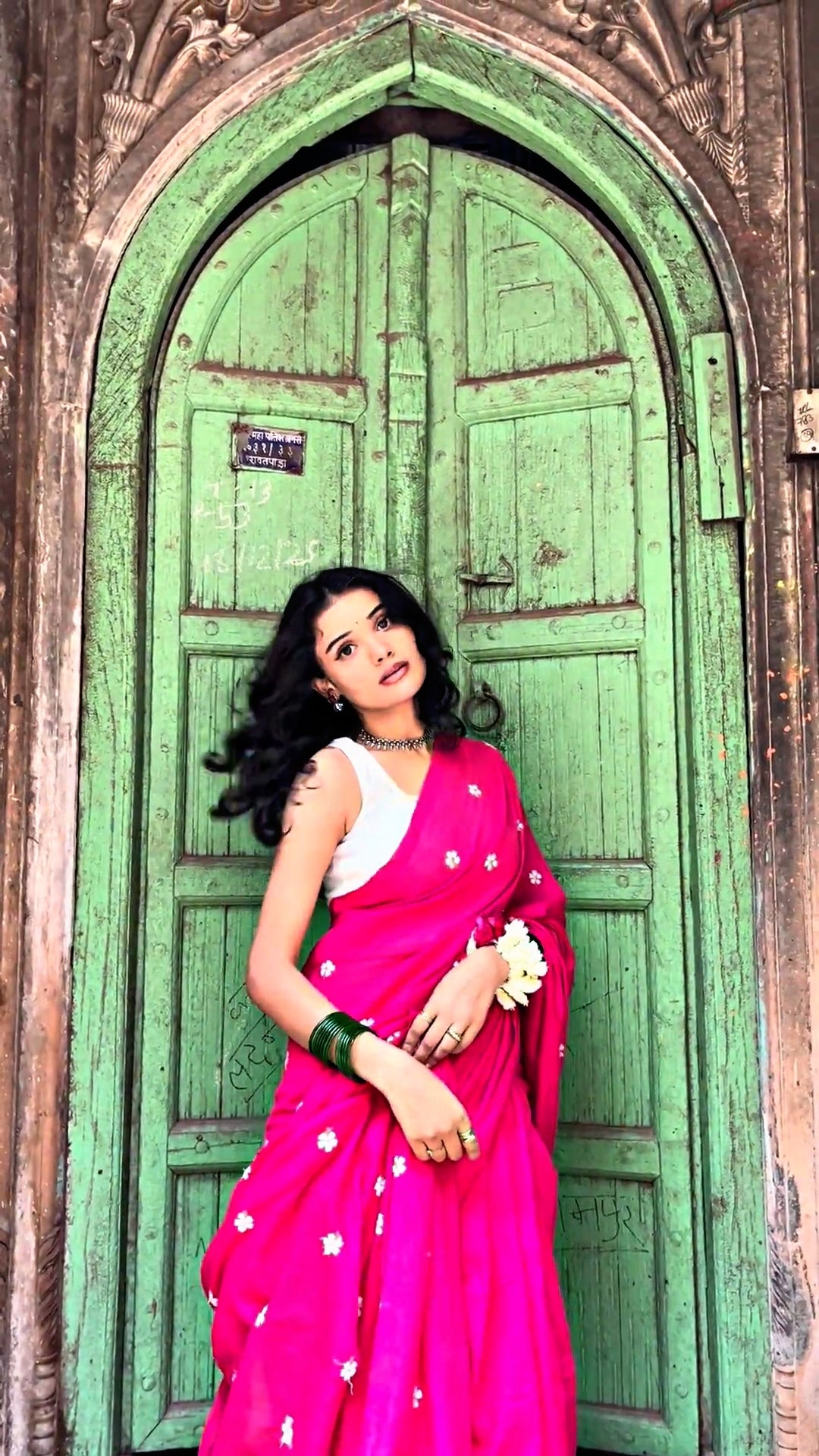 Rani Pink Mulmul Cotton Saree with Parijat Handwork Flowers