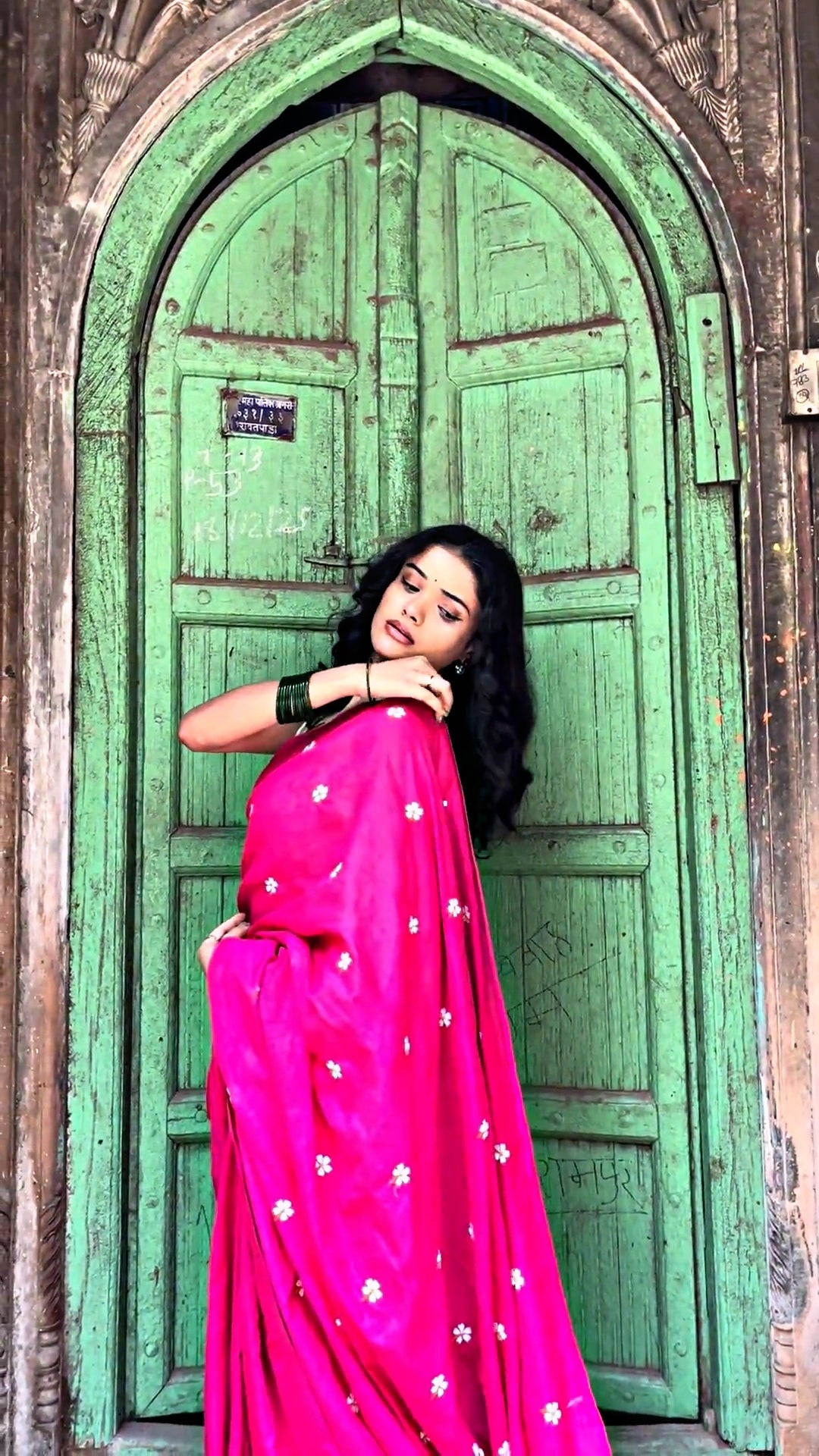 Rani Pink Mulmul Cotton Saree with Parijat Handwork Flowers