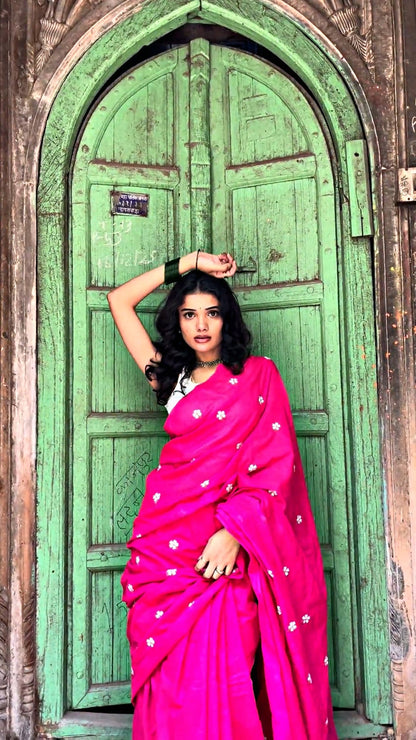 Rani Pink Mulmul Cotton Saree with Parijat Handwork Flowers