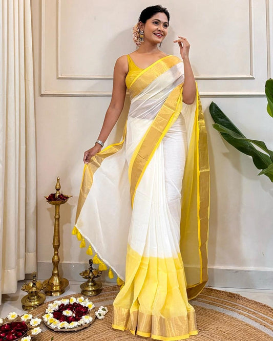 White & Yellow Border Cotton Saree