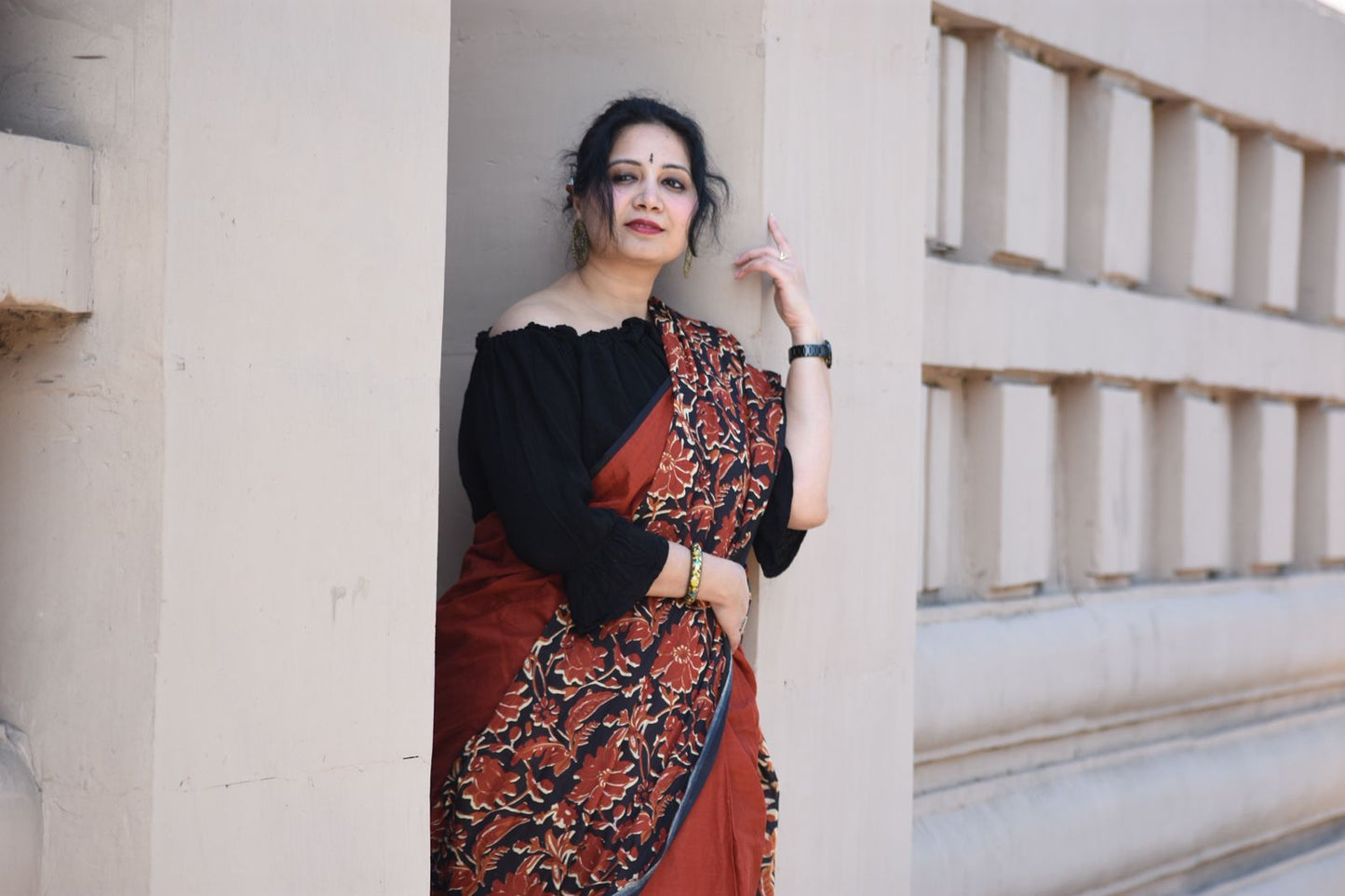 Bagru Block Print Rust and Black Saree Online