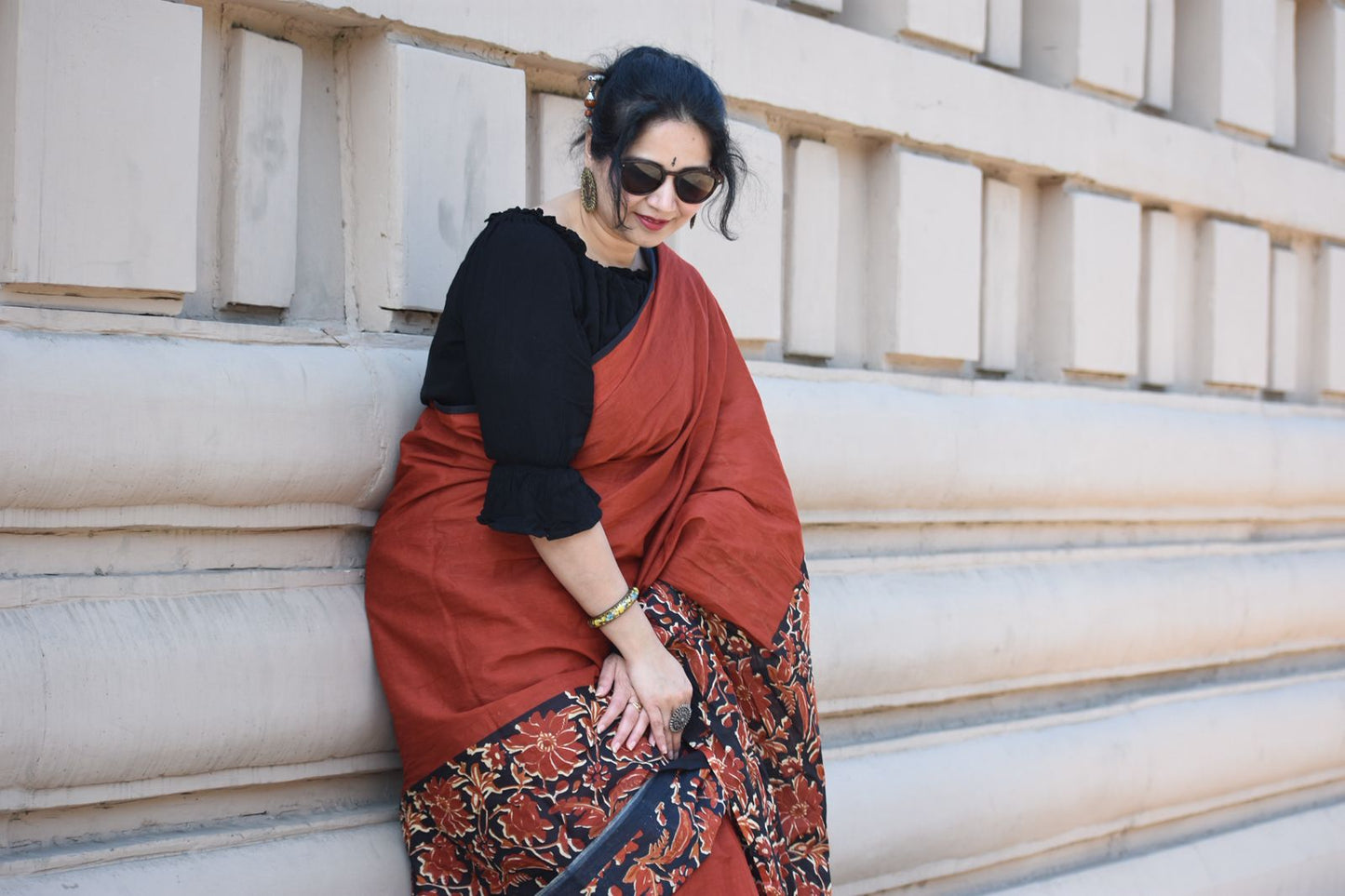 Bagru Block Print Rust and Black Saree Online