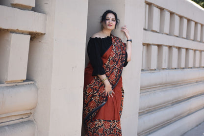Bagru Block Print Rust and Black Saree Online