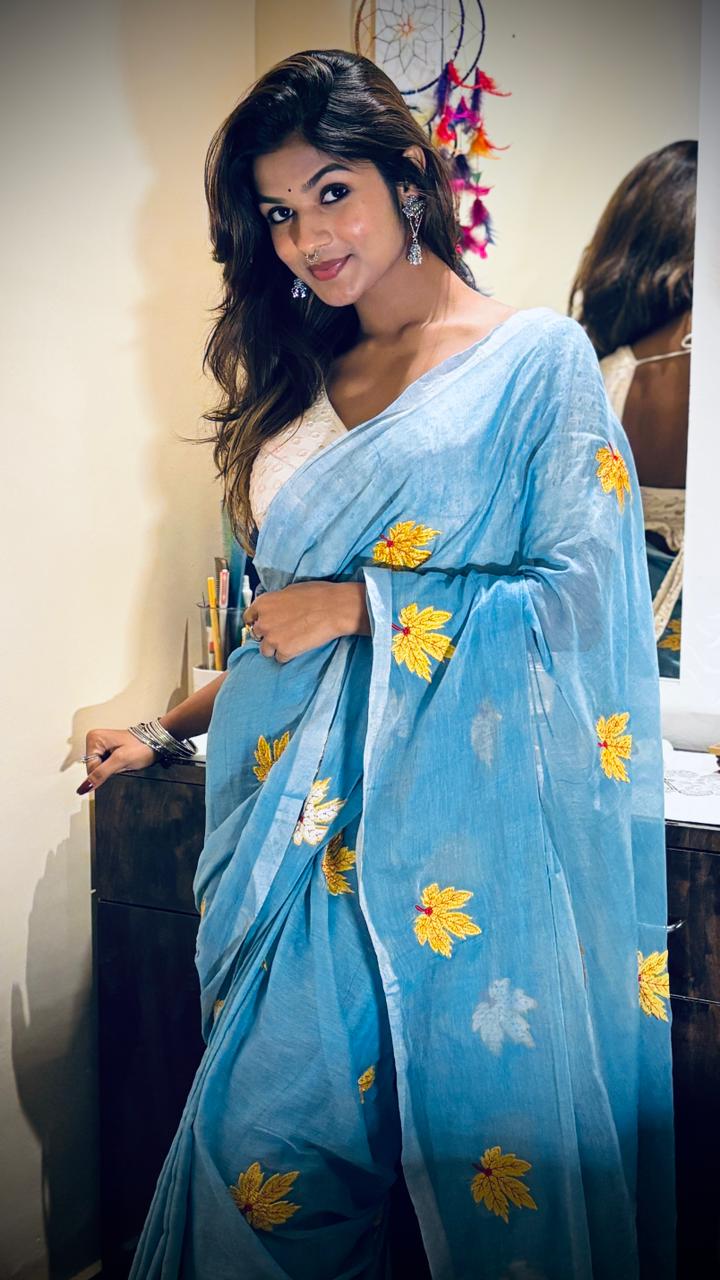 Sky Blue Mul Cotton Saree with Floral Embroidery