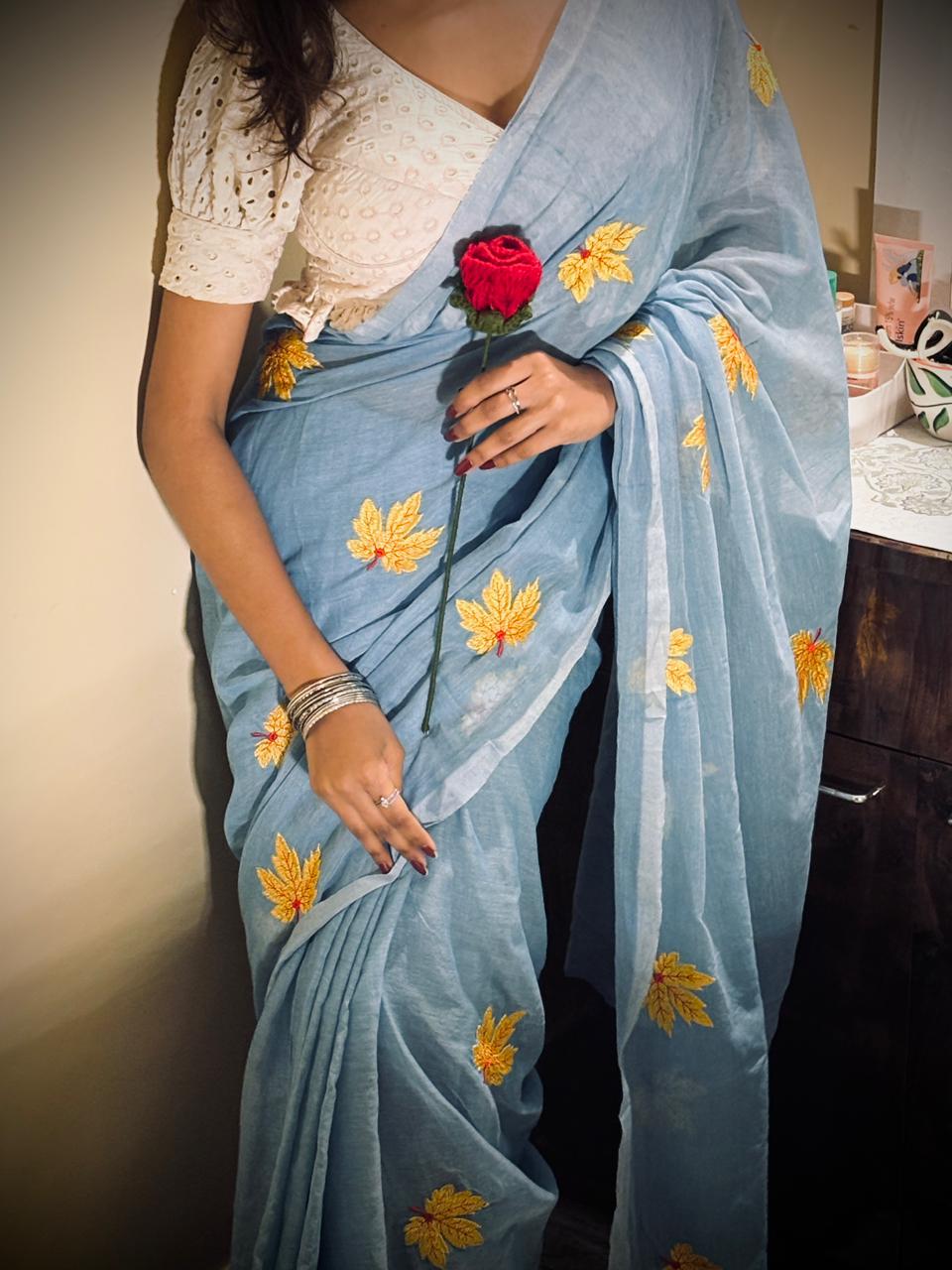 Sky Blue Mul Cotton Saree with Floral Embroidery