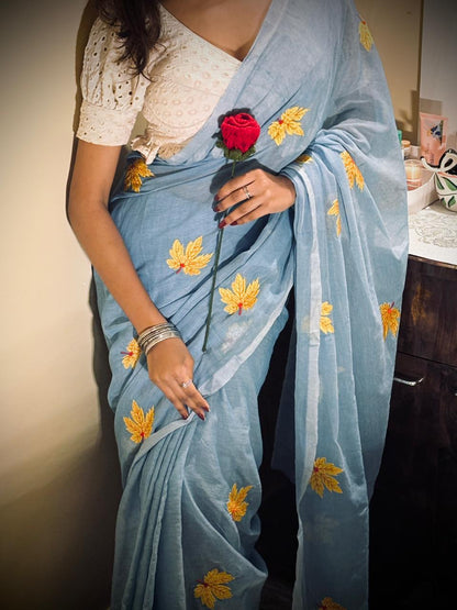 Sky Blue Mul Cotton Saree with Floral Embroidery