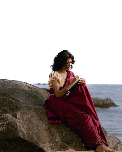 Wine Khadi Cotton Saree | Elegant Minimal Cotton Drape for Everyday & Office Wear | Bhairavi Vastram