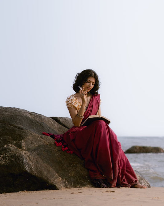 Wine Khadi Cotton Saree | Elegant Minimal Cotton Drape for Everyday & Office Wear | Bhairavi Vastram