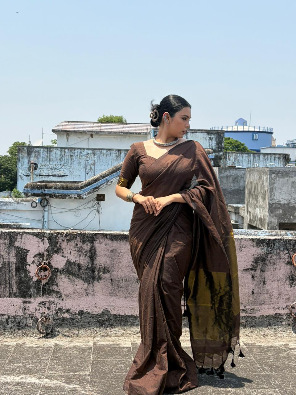 Pure Khadi Cotton Zari Border Handloom Saree – Chocolate Brown