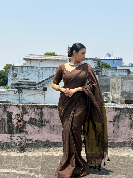 Pure Khadi Cotton Zari Border Handloom Saree – Chocolate Brown