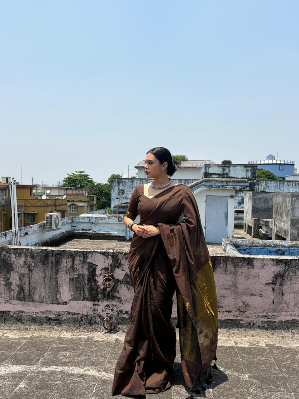 Pure Khadi Cotton Zari Border Handloom Saree – Chocolate Brown