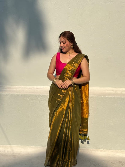 Olive Green Tissue Cotton Saree with Golden Sheen