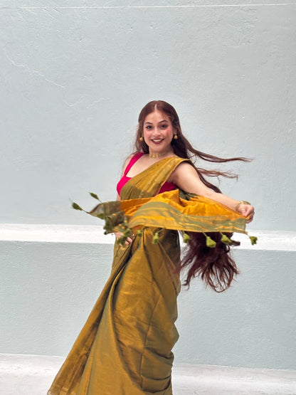 Olive Green Tissue Cotton Saree with Golden Sheen