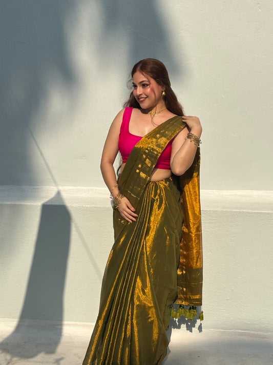 Olive Green Tissue Cotton Saree with Golden Sheen