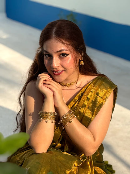 Olive Green Tissue Cotton Saree with Golden Sheen