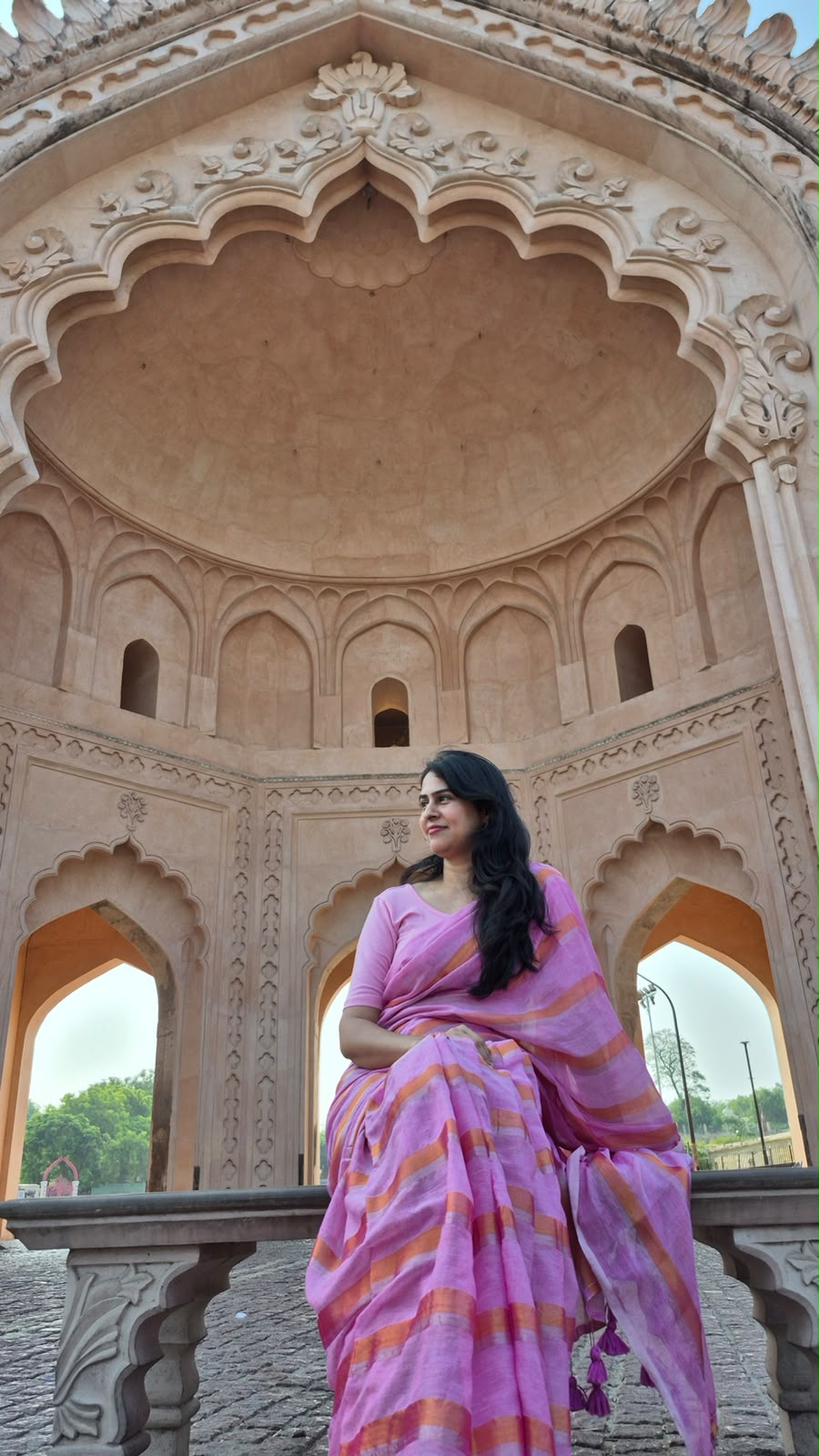 Soft Pink Mul Cotton Saree with Bronze-Silver Stripes