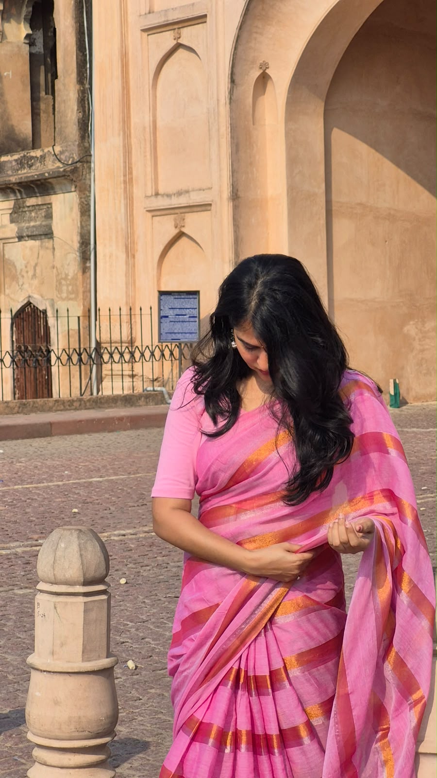 Soft Pink Mul Cotton Saree with Bronze-Silver Stripes