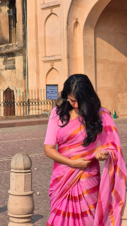 Soft Pink Mul Cotton Saree with Bronze-Silver Stripes