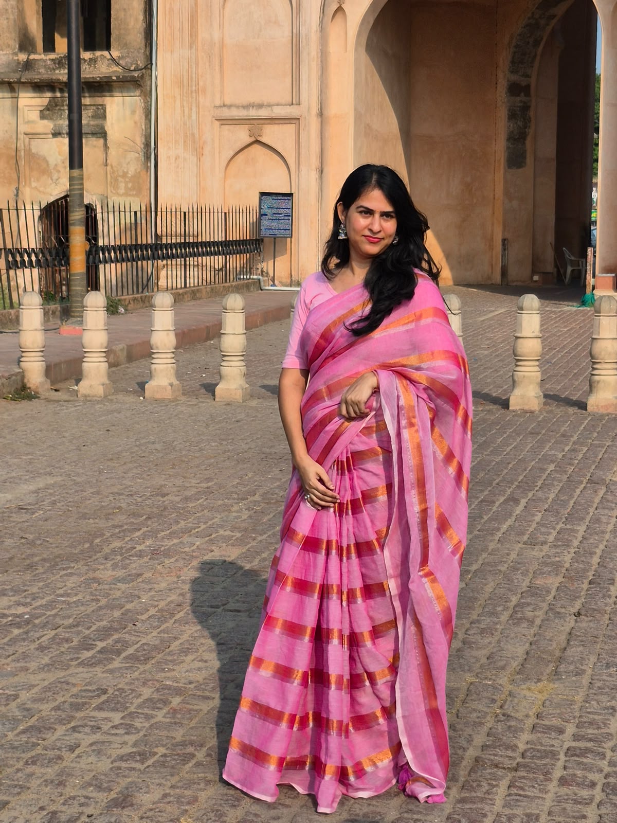 Soft Pink Mul Cotton Saree with Bronze-Silver Stripes