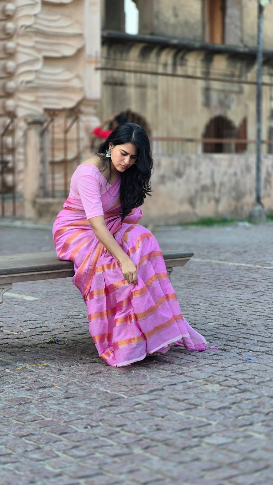 Soft Pink Mul Cotton Saree with Bronze-Silver Stripes