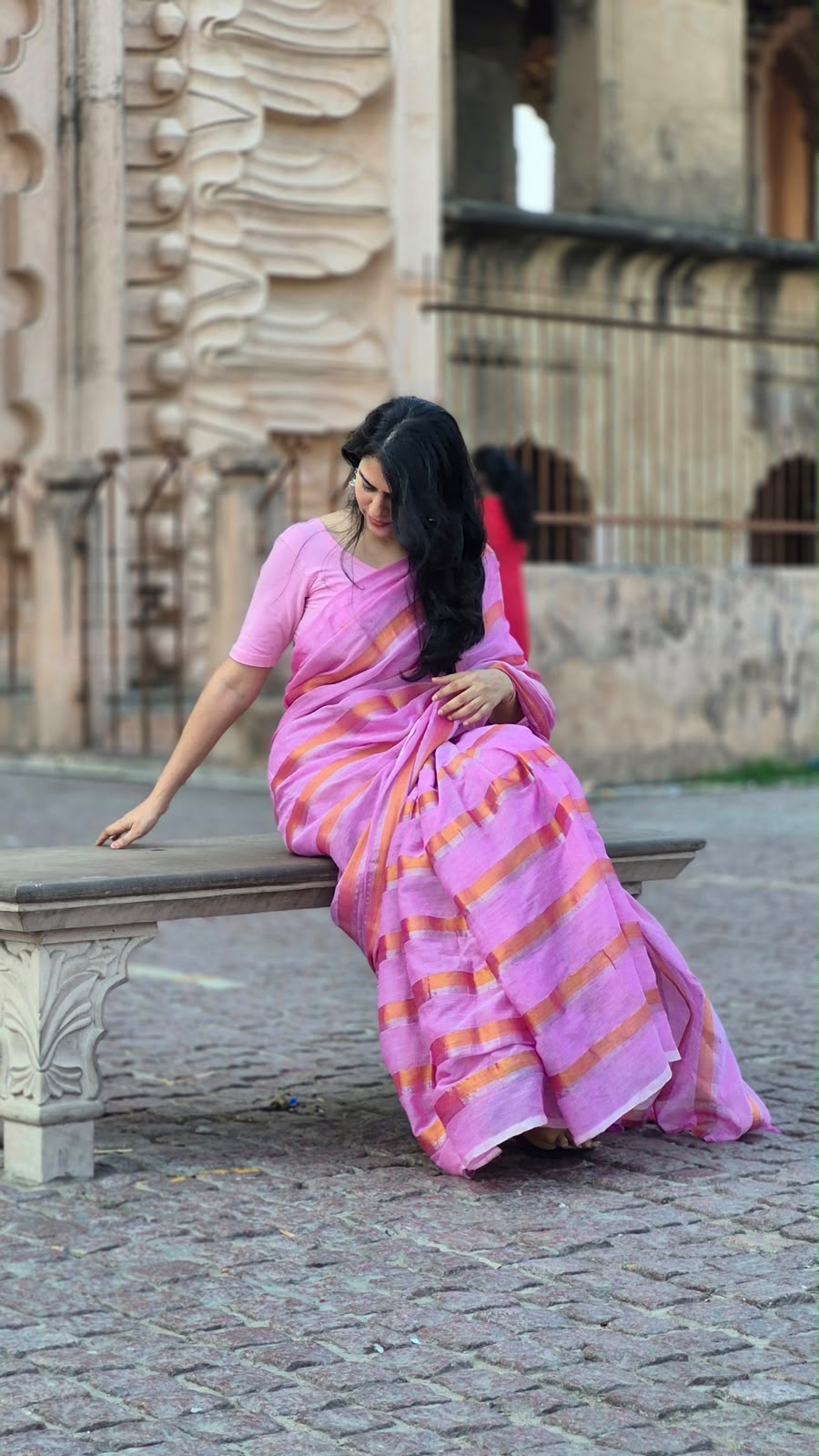 Soft Pink Mul Cotton Saree with Bronze-Silver Stripes