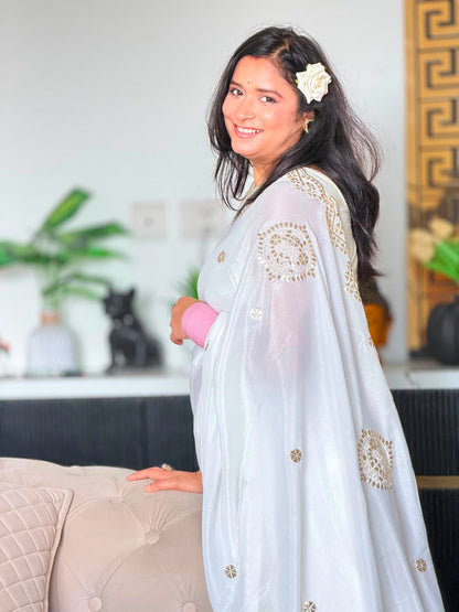 White Crepe Saree with Golden Embroidery