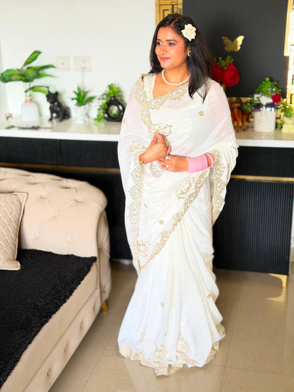 White Crepe Saree with Golden Embroidery