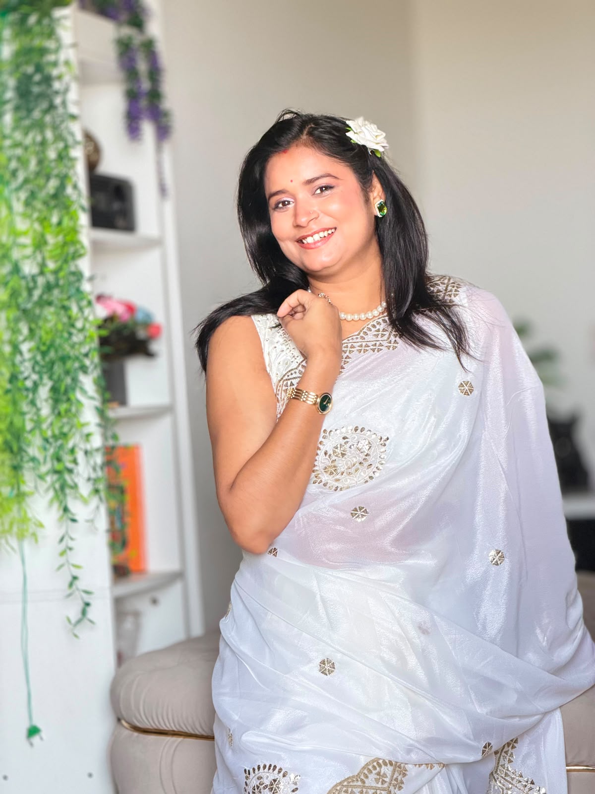 White Crepe Saree with Golden Embroidery