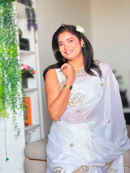 White Crepe Saree with Golden Embroidery