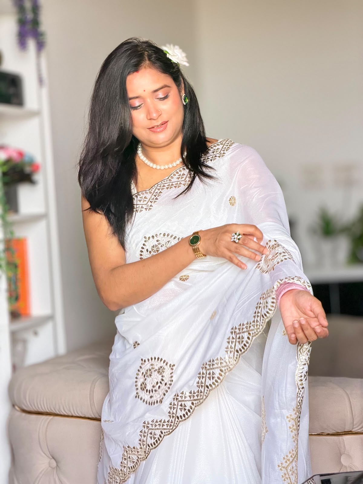 White Crepe Saree with Golden Embroidery