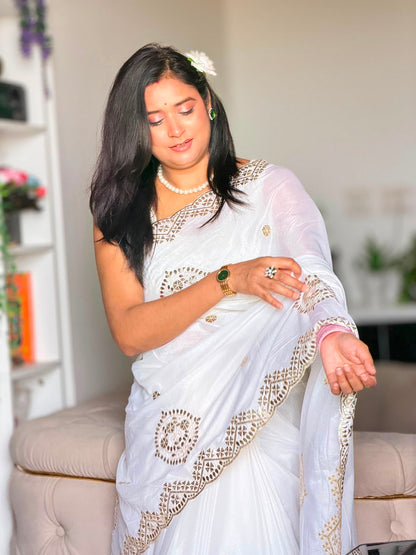 White Crepe Saree with Golden Embroidery