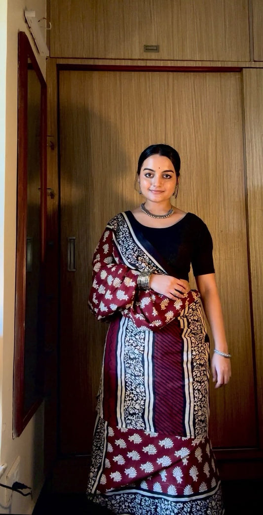 Hand Block Printed Cotton Mul Saree with Blouse Piece
