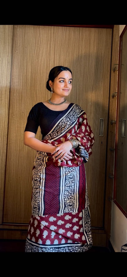Hand Block Printed Cotton Mul Saree with Blouse Piece