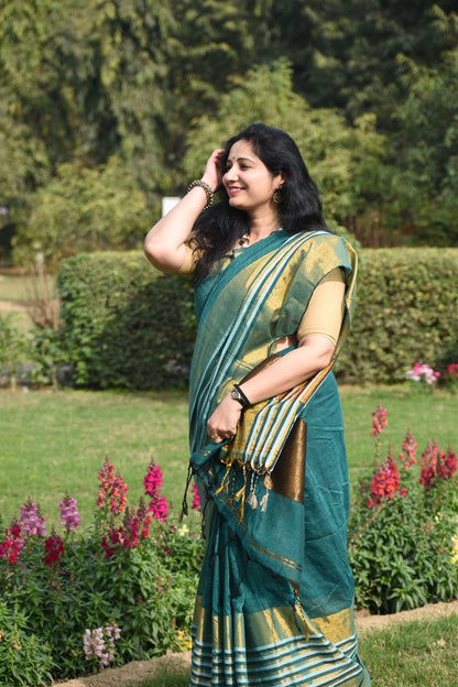 Pure Linen Tissue Saree in Teal Green with Golden Zari Border