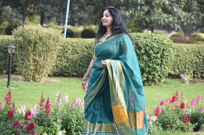 Pure Linen Tissue Saree in Teal Green with Golden Zari Border