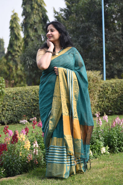 Pure Linen Tissue Saree in Teal Green with Golden Zari Border