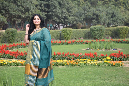 Pure Linen Tissue Saree in Teal Green with Golden Zari Border