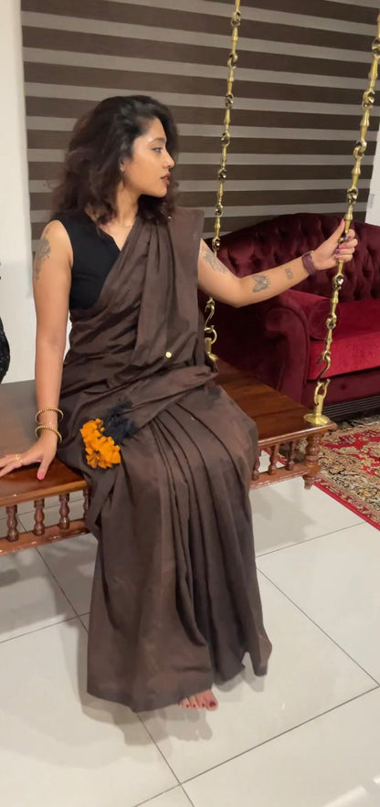 Chocolate Brown Handloom Khadi Cotton Saree with Golden Ginni & Mustard Tassels