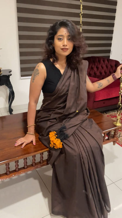 Chocolate Brown Handloom Khadi Cotton Saree with Golden Ginni & Mustard Tassels