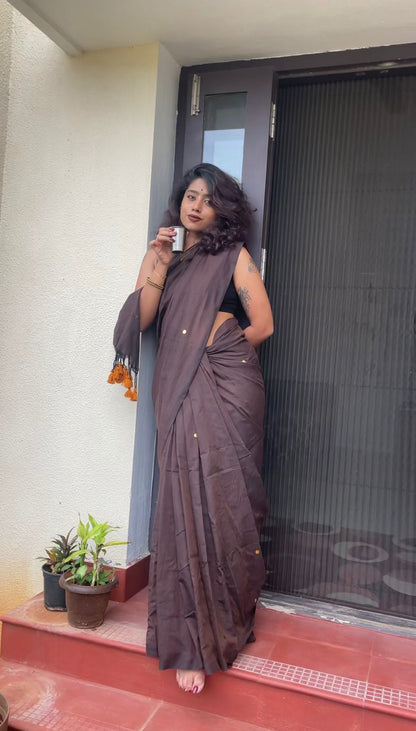 Chocolate Brown Handloom Khadi Cotton Saree with Golden Ginni & Mustard Tassels