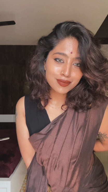 Chocolate Brown Handloom Khadi Cotton Saree with Golden Ginni & Mustard Tassels