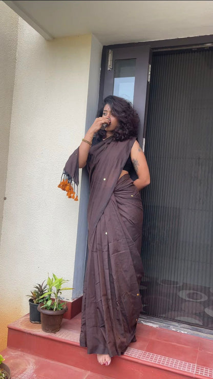 Chocolate Brown Handloom Khadi Cotton Saree with Golden Ginni & Mustard Tassels