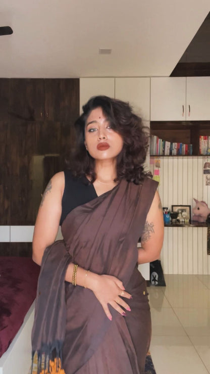 Chocolate Brown Handloom Khadi Cotton Saree with Golden Ginni & Mustard Tassels