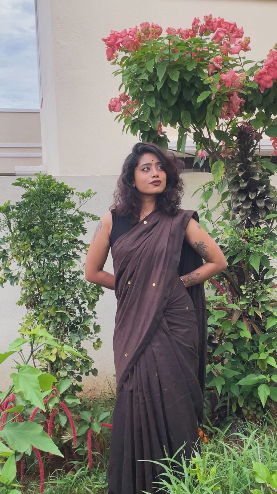 Chocolate Brown Handloom Khadi Cotton Saree with Golden Ginni & Mustard Tassels