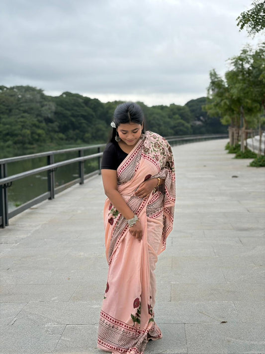 Hand Block Printed Cotton Saree in Blush Pink